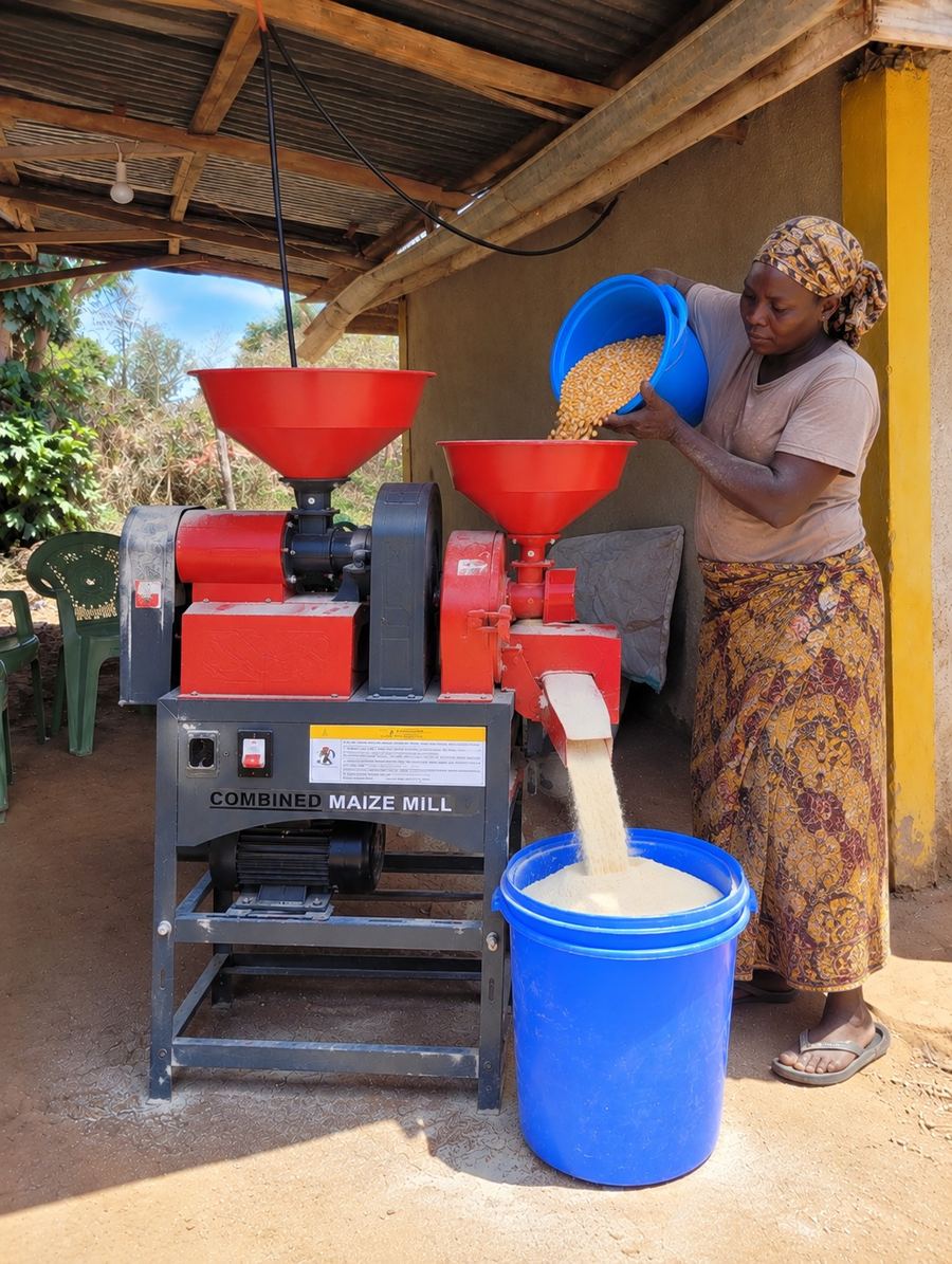 A woman pouring maize into a solar-powered combined maize mill as flour fills a blue bucket